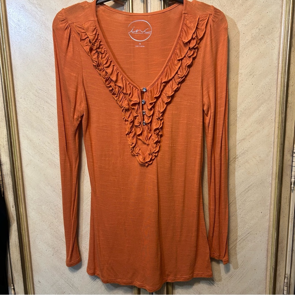 INC Orange Pumpkin Ruffle Rhinestone Front Button Shirt Blouse